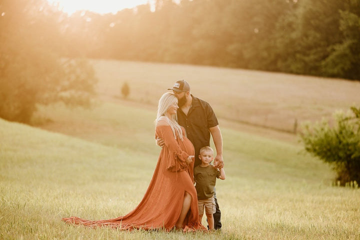 Aspen Boho Maternity Photoshoot Dress | Dark Rust Linen, Side Slits, One Size - Chicaboo