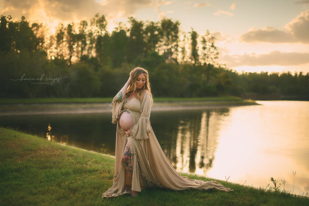 Aspen Boho Maternity Photoshoot Dress | Desert Sand Linen, Side Slits, One Size - Chicaboo