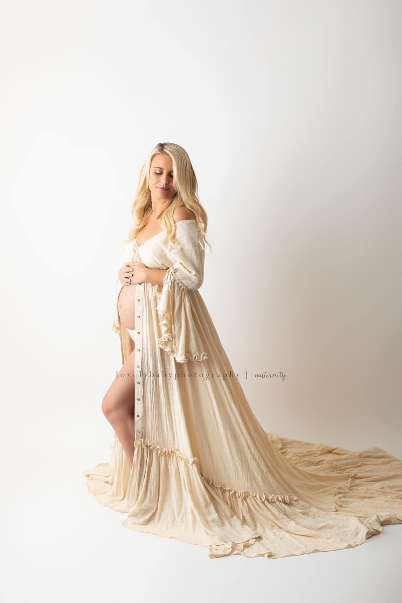 Aspen Boho Maternity Photoshoot Dress | Oatmeal Linen, Side Slits, One Size - Chicaboo