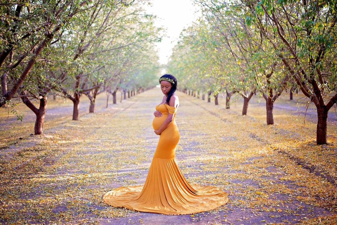 Athena Maternity Photoshoot Dress | Amber Gold Jersey Gown, Convertible, One Size Athena Maternity Photoshoot Dress | Amber Gold Jersey Gown, Convertible, One Size