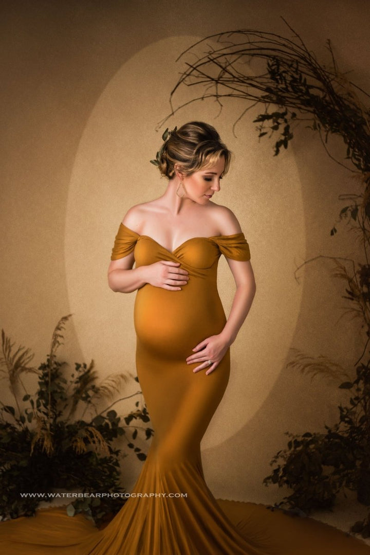 Athena Maternity Photoshoot Dress | Amber Gold Jersey Gown, Convertible, One Size - Chicaboo