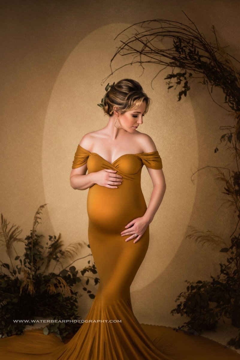 Athena Maternity Photoshoot Dress | Amber Gold Jersey Gown, Convertible, One Size Athena Maternity Photoshoot Dress | Amber Gold Jersey Gown, Convertible, One Size