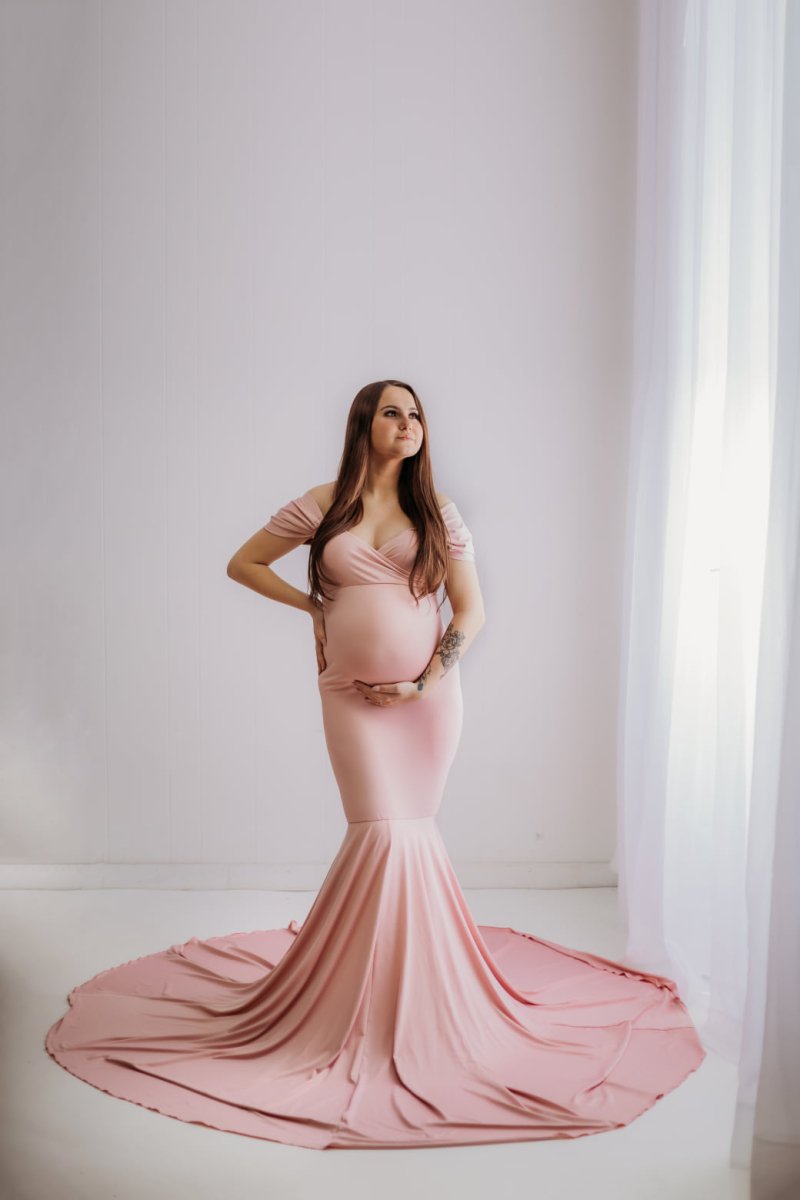 Athena Maternity Photoshoot Dress | Ballet Pink Jersey Gown, Convertible, One Size - Chicaboo
