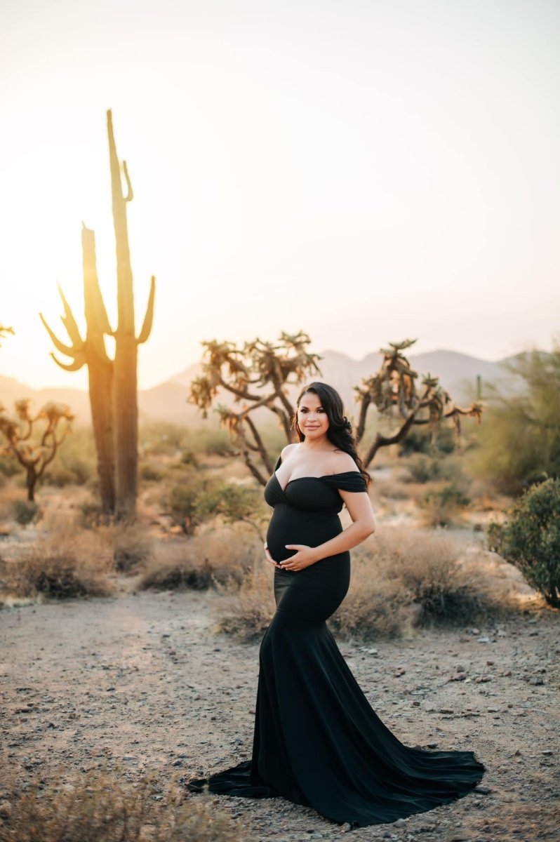 Athena Maternity Photoshoot Dress | Black Jersey Gown, Convertible, One Size - Chicaboo