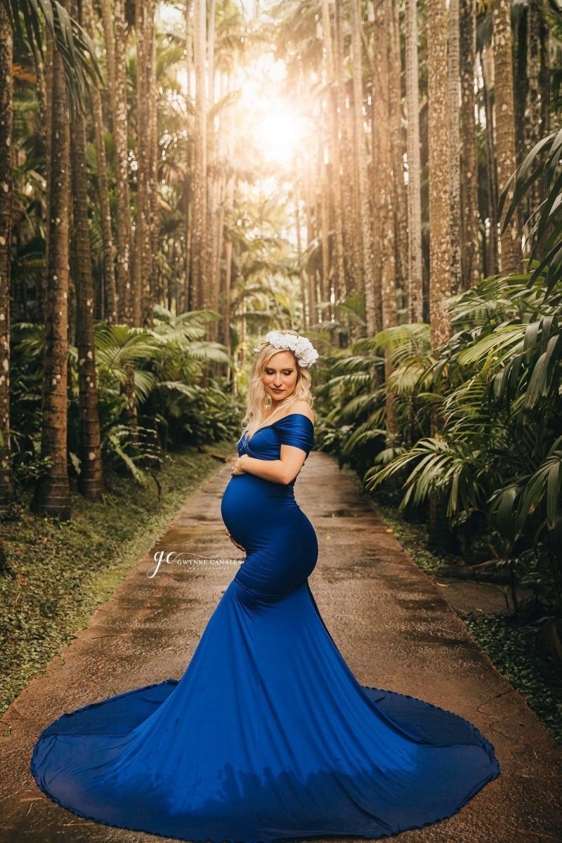 Athena Maternity Photoshoot Dress |Royal Blue Jersey Gown, Convertible, One Size - Chicaboo