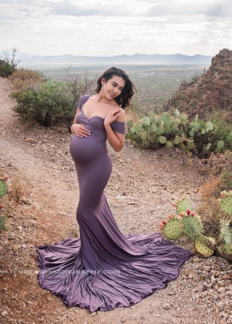 Athena Maternity Photoshoot Dress | Smokey Amethyst Jersey Gown, Convertible, One Size - Chicaboo