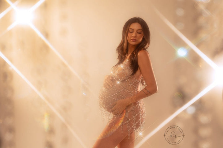 Chandelier Clear Crystal Chain Maternity Photoshoot Dress | Photography Prop Gown for Studio session & boudoir. Open Back, One size Fits S/M/L - Chicaboo