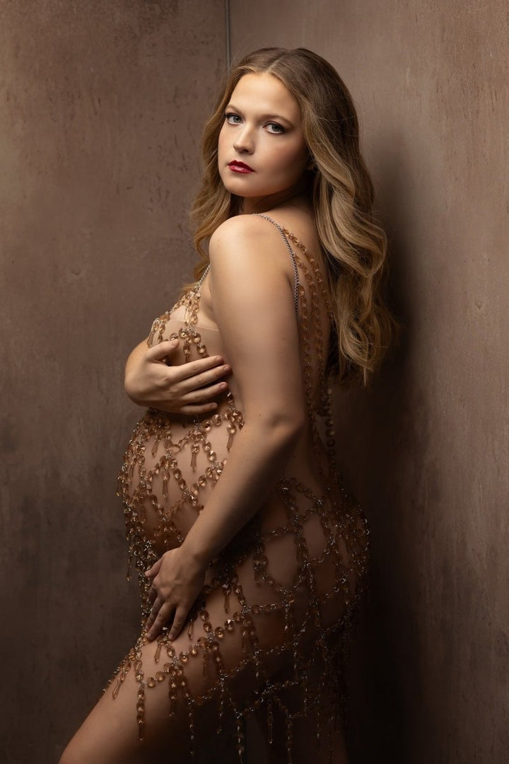 Chandelier Smokey Topaz Crystal Chain Maternity Photoshoot Dress | Photography Prop Gown for Studio session & boudoir. Open Back, One size Fits S/M/L - Chicaboo