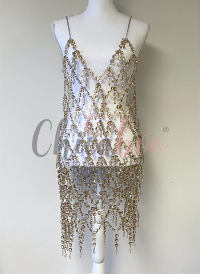 Chandelier Smokey Topaz Crystal Chain Maternity Photoshoot Dress | Photography Prop Gown for Studio session & boudoir. Open Back, One size Fits S/M/L (Copy) - Chicaboo