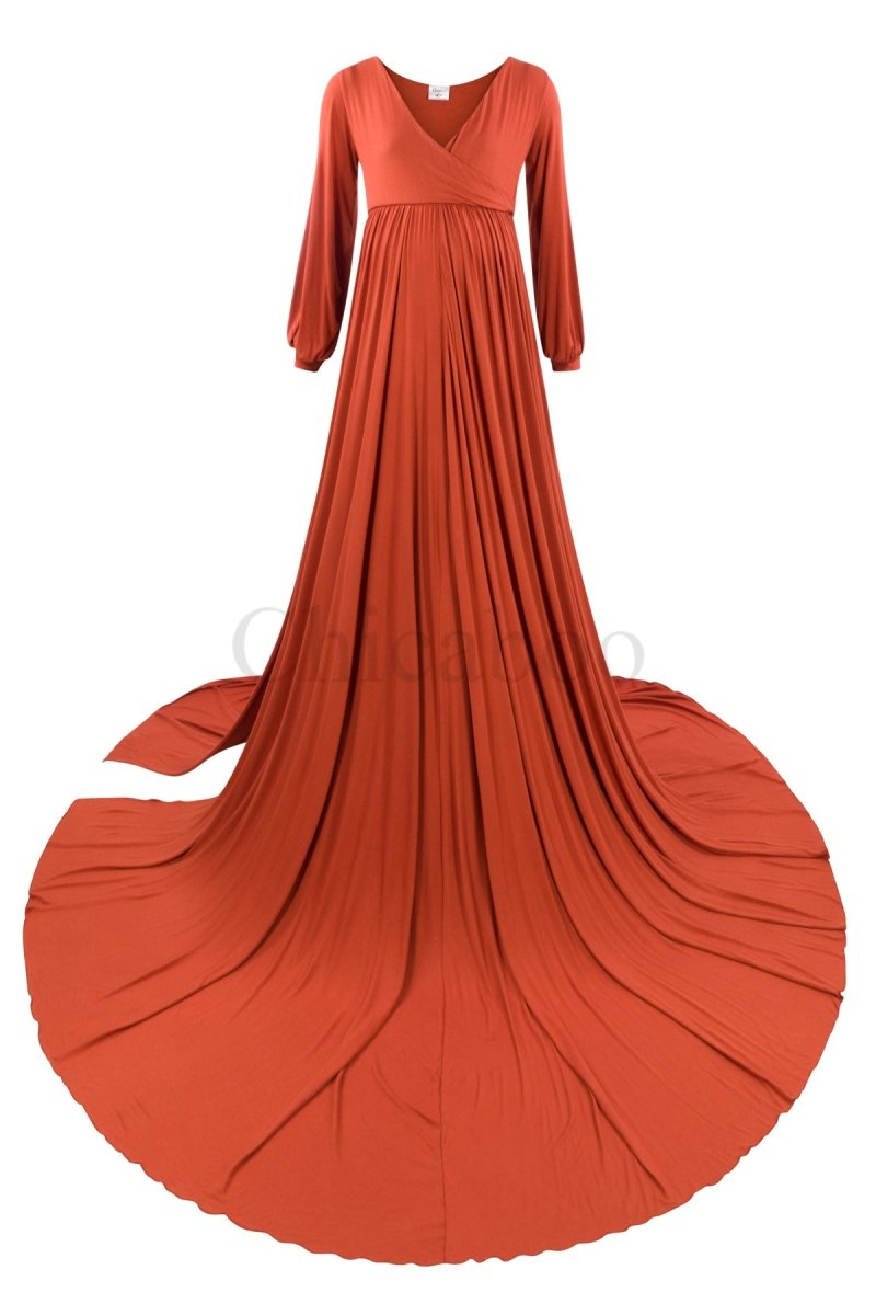 Charlotte Maternity Photoshoot Dress | Rust Long Sleeve Jersey Gown, High Slit, One Size Charlotte Maternity Photoshoot Dress | Rust Long Sleeve Jersey Gown, High Slit, One Size