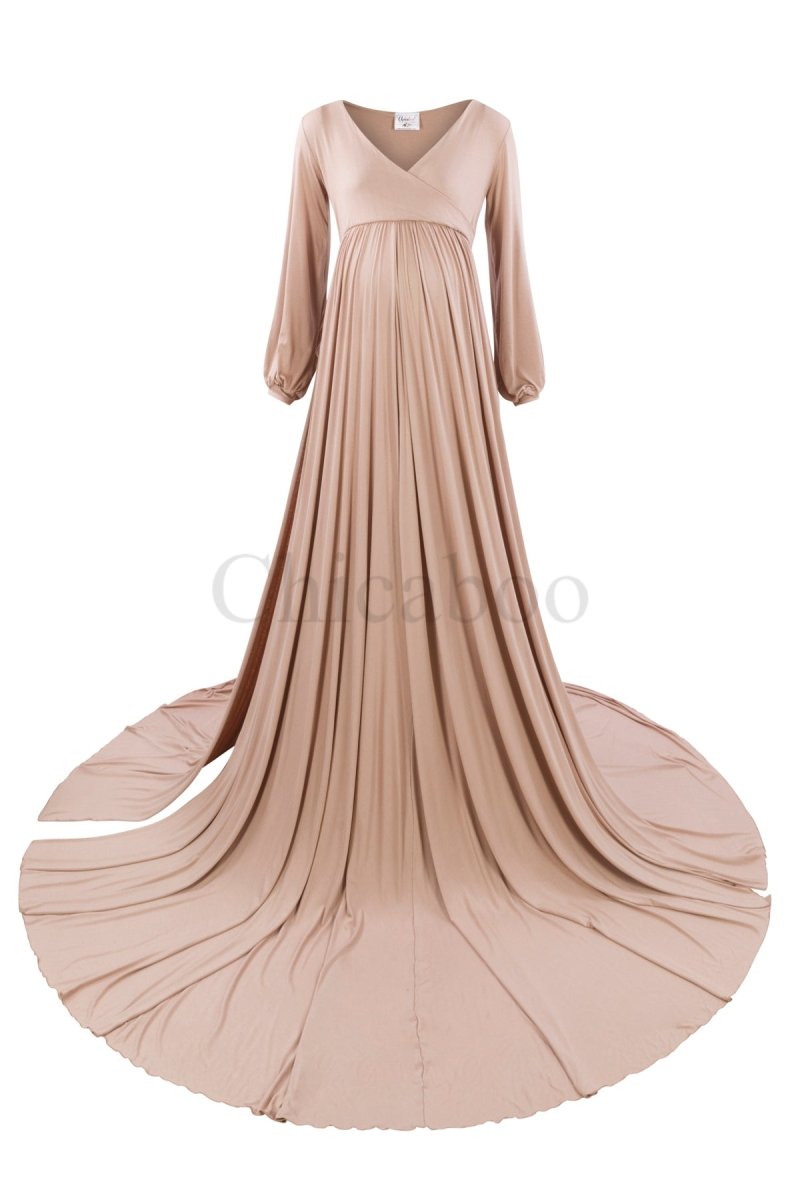 Charlotte Maternity Photoshoot Dress | Sand Long Sleeve Jersey Gown, High Slit, One Size Charlotte Maternity Photoshoot Dress | Sand Long Sleeve Jersey Gown, High Slit, One Size