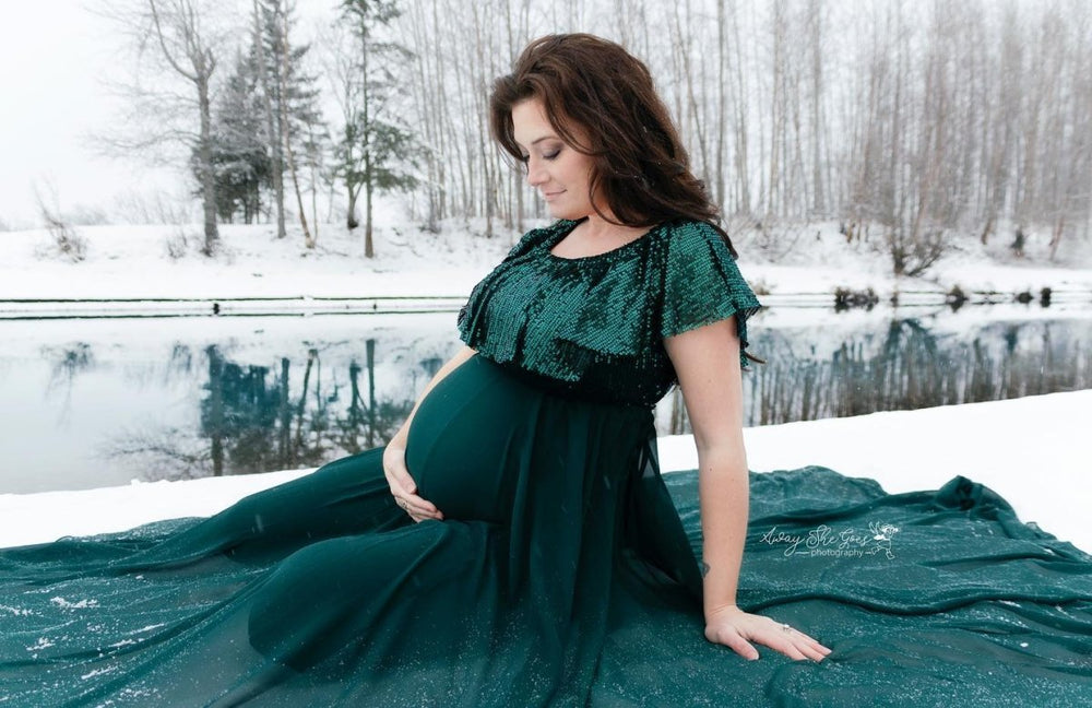 Chiffon Long Maternity Skirt | Hunter Green Full Circle Semi - Sheer for Photoshoot, One Size - Chicaboo