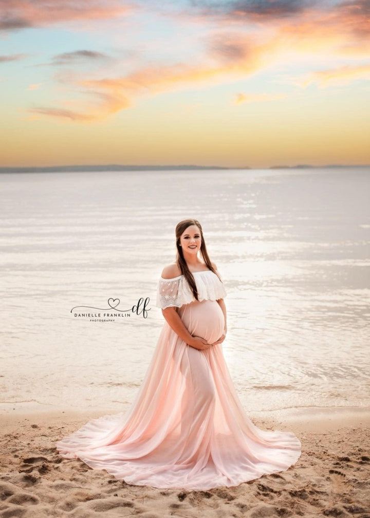 Chiffon Long Maternity Skirt | Rosegold Full Circle Semi - Sheer for Photoshoot, One Size - Chicaboo