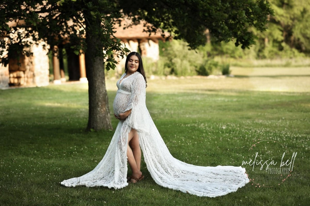 Cora Maternity Photoshoot Dress | Boho White Lace Gown, Unlined w/ Sid Chicaboo Cora Maternity Photoshoot Dress | Boho White Lace Gown, Unlined w/ Sid Chicaboo