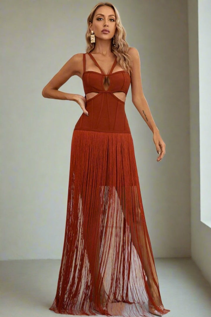 Cutout Strappy Neck Fringe Dress - Chicaboo