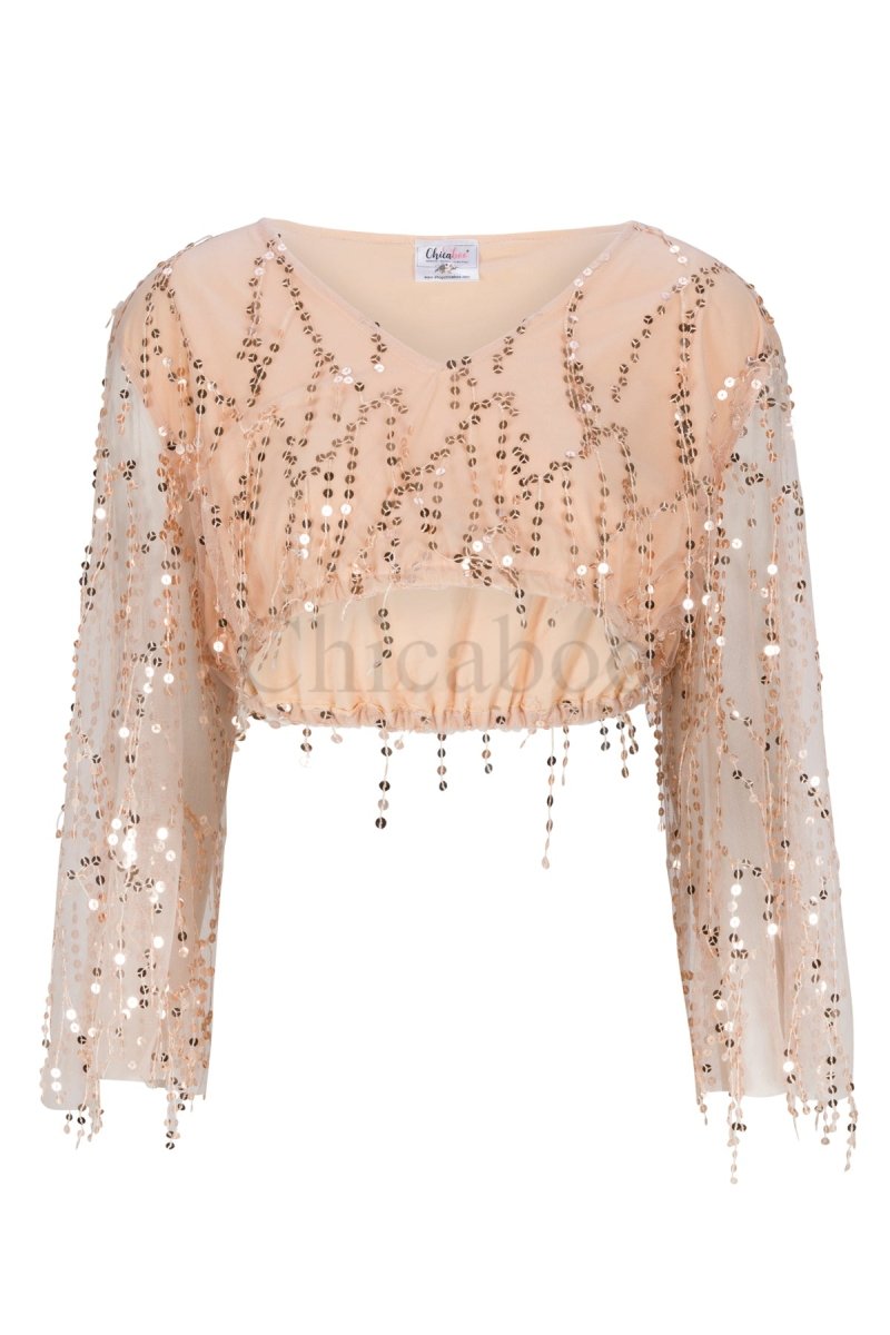 Dreamer Sequin Maternity Crop Top | Rosegold Mesh Fringe, Raw Edge, One Size - Chicaboo