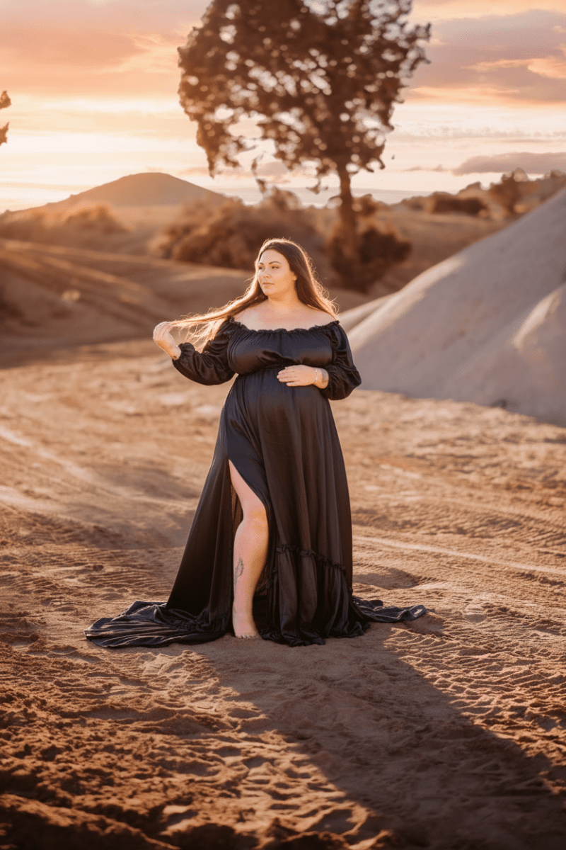 Eve Boho Maternity Photoshoot Dress | Black Satin Gown w/ Side Slits, One Size - Chicaboo