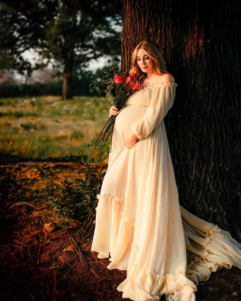 Eve Boho Maternity Photoshoot Dress | Butter Linen Gown w/ Side Slits, Chicaboo Eve Boho Maternity Photoshoot Dress | Butter Linen Gown w/ Side Slits, Chicaboo
