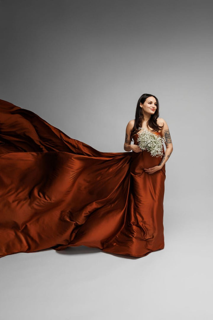 Extra Long Silky Maternity Photoshoot Fabric | Cinnamon Faux Silk Drape Tossing Scarf w/ Sewn Edge 5 Yards, Flying Dress - Chicaboo