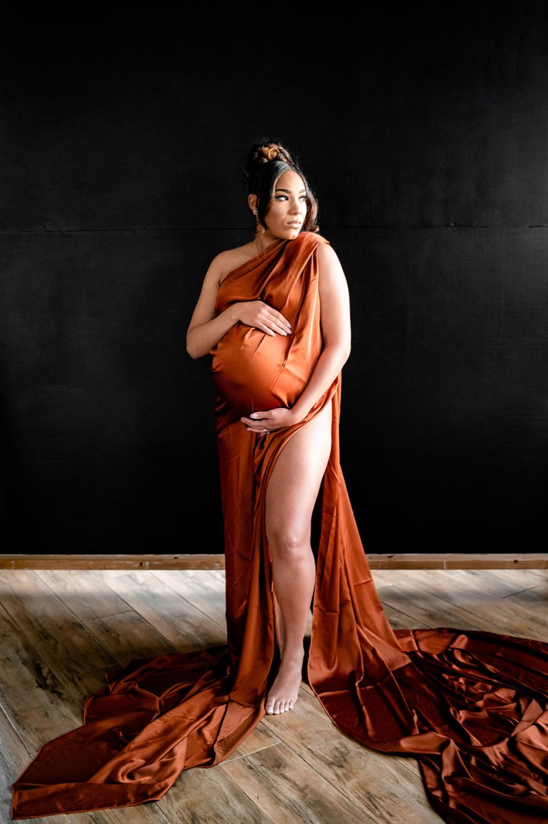 Extra Long Silky Maternity Photoshoot Fabric | Cinnamon Faux Silk Drape Tossing Scarf w/ Sewn Edge 5 Yards, Flying Dress - Chicaboo