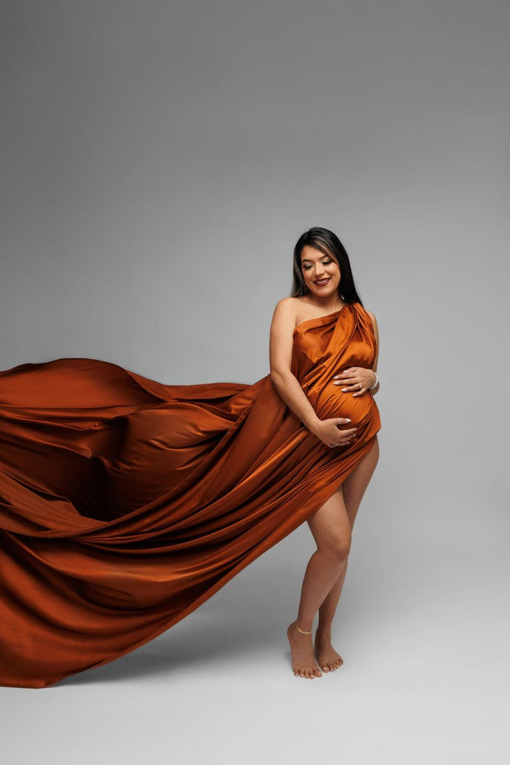 Extra Long Silky Maternity Photoshoot Fabric | Cinnamon Faux Silk Drape Tossing Scarf w/ Sewn Edge 5 Yards, Flying Dress - Chicaboo