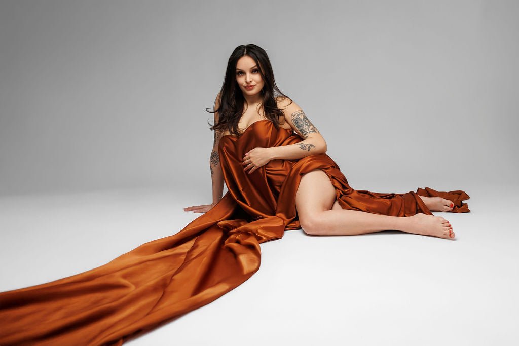 Extra Long Silky Maternity Photoshoot Fabric | Cinnamon Faux Silk Drape Tossing Scarf w/ Sewn Edge 5 Yards, Flying Dress - Chicaboo