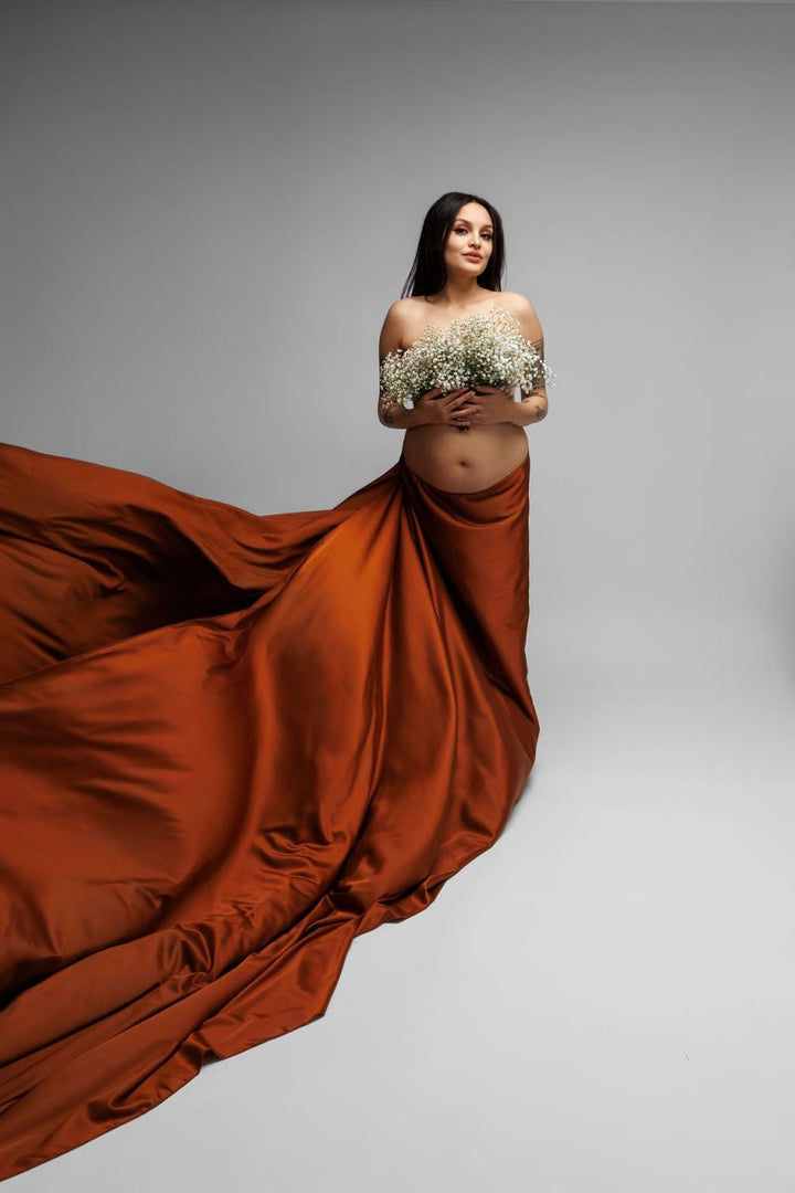 Extra Long Silky Maternity Photoshoot Fabric | Cinnamon Faux Silk Drape Tossing Scarf w/ Sewn Edge 5 Yards, Flying Dress - Chicaboo