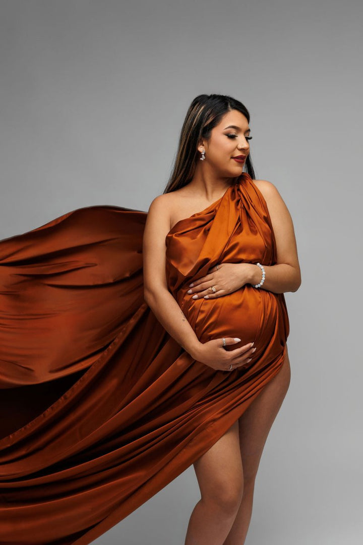 Extra Long Silky Maternity Photoshoot Fabric | Cinnamon Faux Silk Drape Tossing Scarf w/ Sewn Edge 5 Yards, Flying Dress - Chicaboo