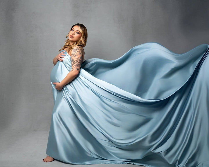 Extra Long Silky Maternity Photoshoot Fabric | Dusty Blue Faux Silk Drape Tossing Scarf w/ Sewn Edge 5 Yards For Flying Dress Effect - Chicaboo