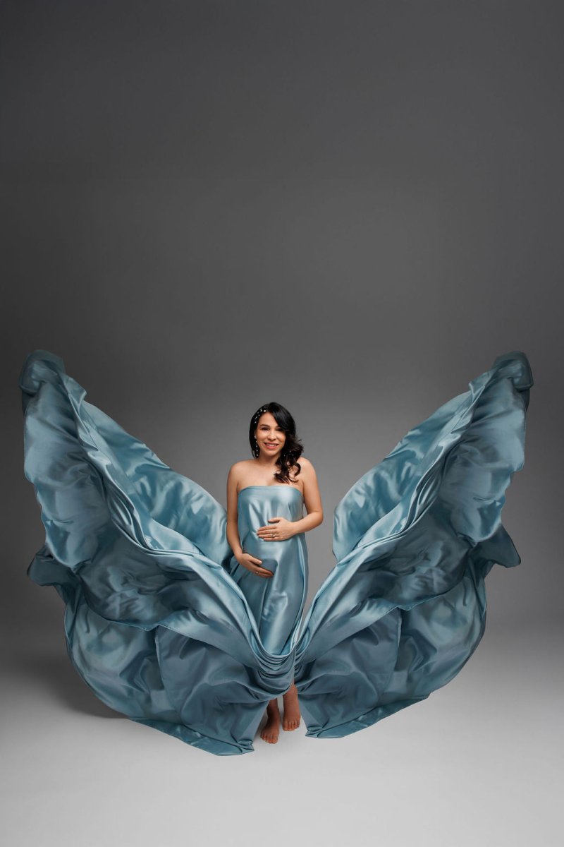 Extra Long Silky Maternity Photoshoot Fabric | Dusty Blue Faux Silk Drape Tossing Scarf w/ Sewn Edge 5 Yards For Flying Dress Effect - Chicaboo