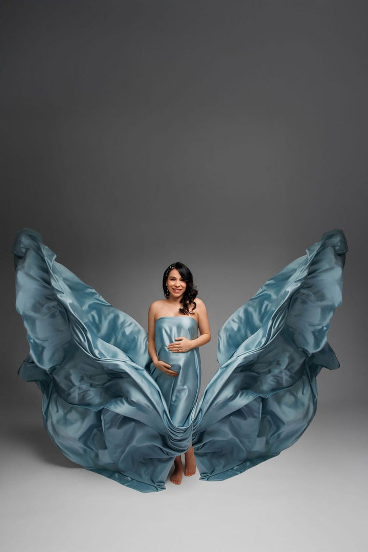Extra Long Silky Maternity Photoshoot Fabric | Dusty Blue Faux Silk Drape Tossing Scarf w/ Sewn Edge 5 Yards For Flying Dress Effect - Chicaboo