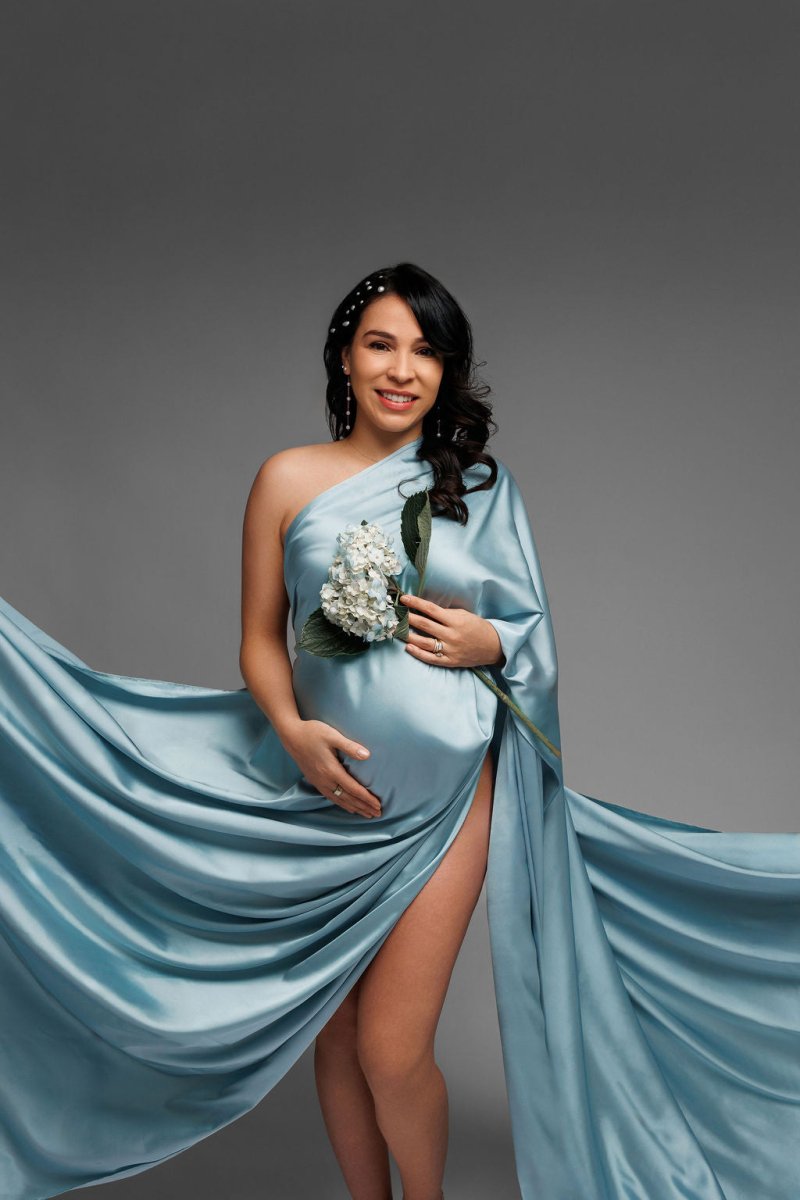 Extra Long Silky Maternity Photoshoot Fabric | Dusty Blue Faux Silk Drape Tossing Scarf w/ Sewn Edge 5 Yards For Flying Dress Effect - Chicaboo