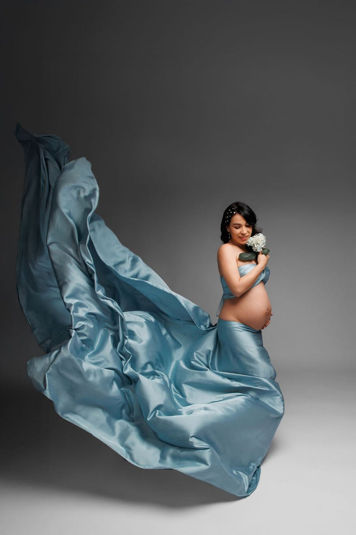 Extra Long Silky Maternity Photoshoot Fabric | Dusty Blue Faux Silk Drape Tossing Scarf w/ Sewn Edge 5 Yards For Flying Dress Effect - Chicaboo