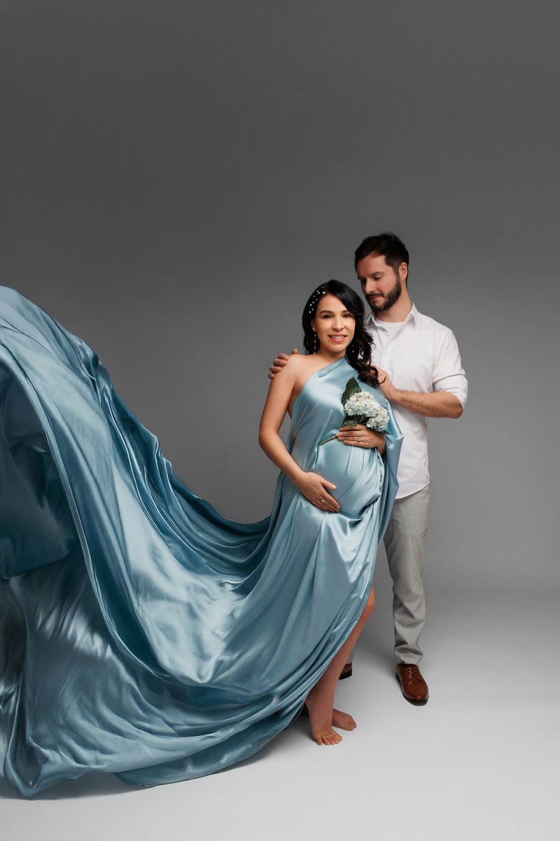 Extra Long Silky Maternity Photoshoot Fabric | Dusty Blue Faux Silk Drape Tossing Scarf w/ Sewn Edge 5 Yards For Flying Dress Effect - Chicaboo