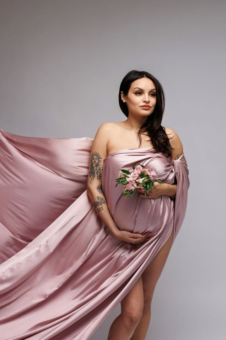 Extra Long Silky Maternity Photoshoot Fabric | Pink Orchid Faux Silk Drape Tossing Scarf w/ Sewn Edge 5 Yards For Flying Dress Effect - Chicaboo
