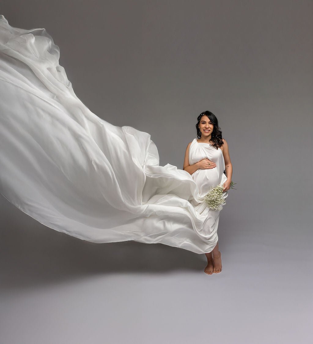 Extra Long Silky Maternity Photoshoot Fabric | Winter White Faux Silk Chicaboo Extra Long Silky Maternity Photoshoot Fabric | Winter White Faux Silk Chicaboo