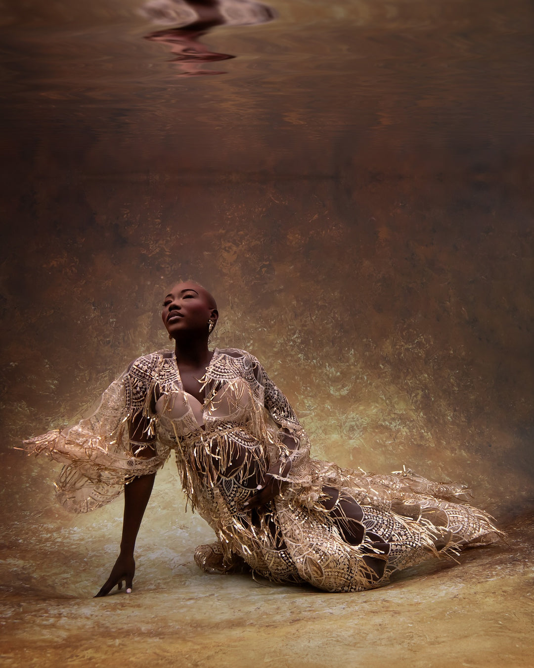 Faith Boho Maternity Photoshoot Dress | Gold Sequin Fringe Gown w/ Side Slits & Adjustable Waist, One Size