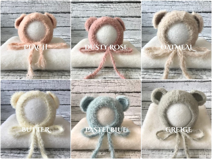 Fluffy Sitter Bear Bonnet | Beige, Pink, or Cream Infant Fuzzy Cub Photo Prop - Chicaboo