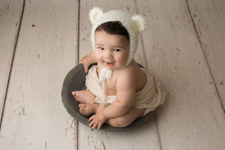 Fluffy Sitter Bear Bonnet | Beige, Pink, or Cream Infant Fuzzy Cub Photo Prop - Chicaboo