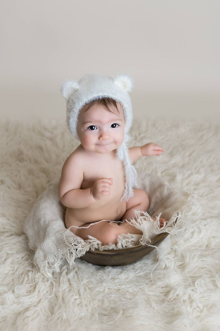 Fluffy Sitter Bear Bonnet | Beige, Pink, or Cream Infant Fuzzy Cub Photo Prop - Chicaboo