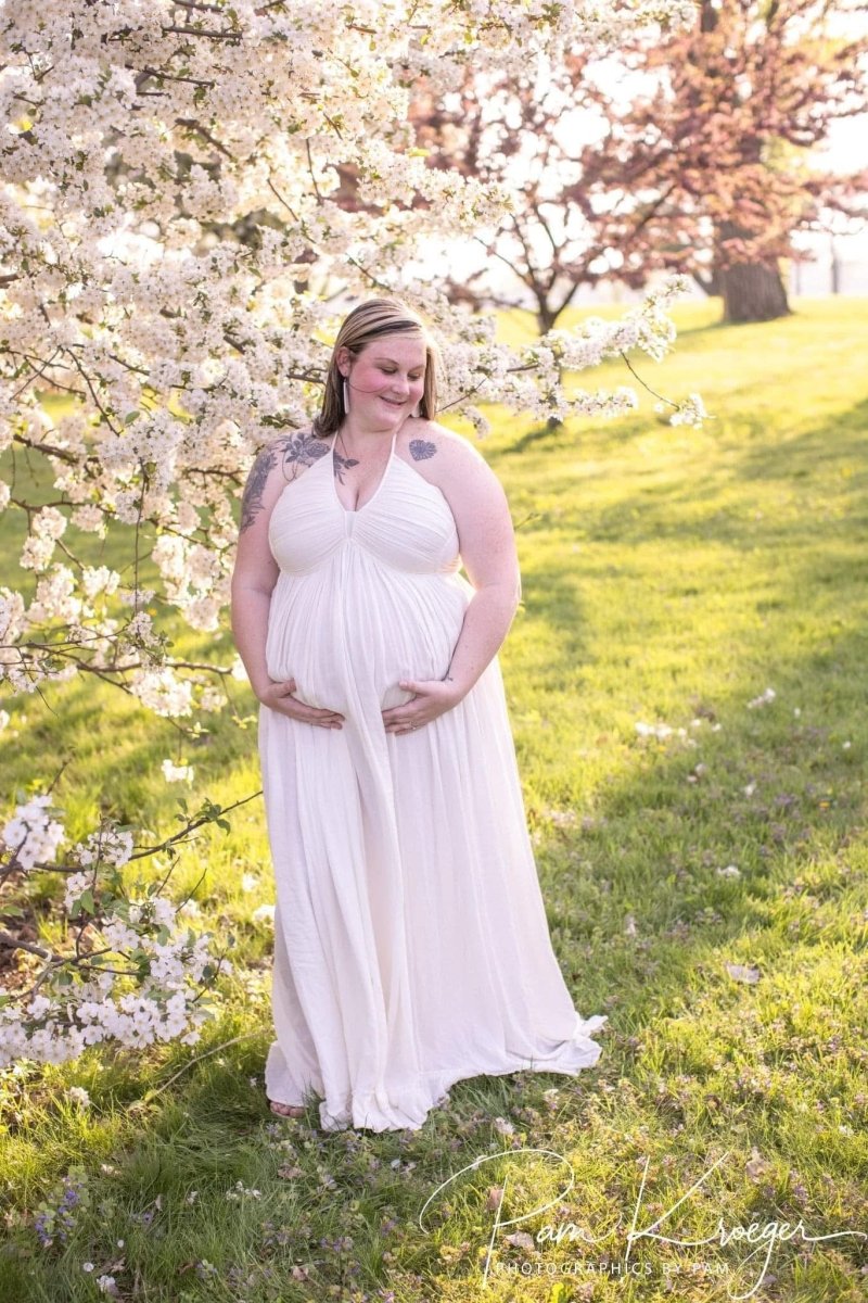 Hazel Maternity Photoshoot Dress | Vintage Cream Rayon Gown, Halter, Smocked back, One Size - Chicaboo