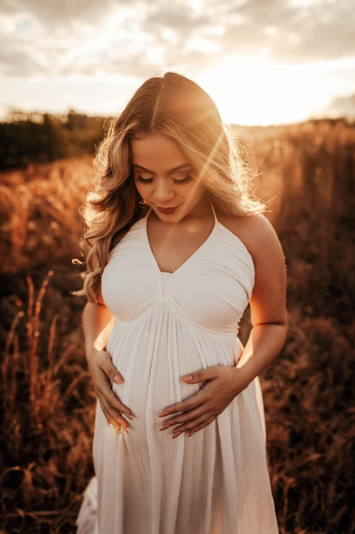 Hazel Maternity Photoshoot Dress | Vintage Cream Rayon Gown, Halter, Smocked back, One Size - Chicaboo