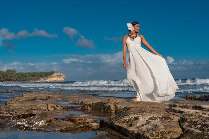 Hazel Maternity Photoshoot Dress | Vintage Cream Rayon Gown, Halter, Smocked back, One Size - Chicaboo