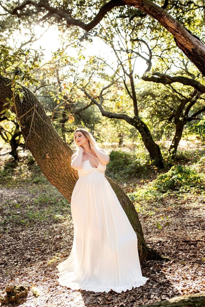 Hazel Maternity Photoshoot Dress | Vintage Cream Rayon Gown, Halter, Smocked back, One Size - Chicaboo