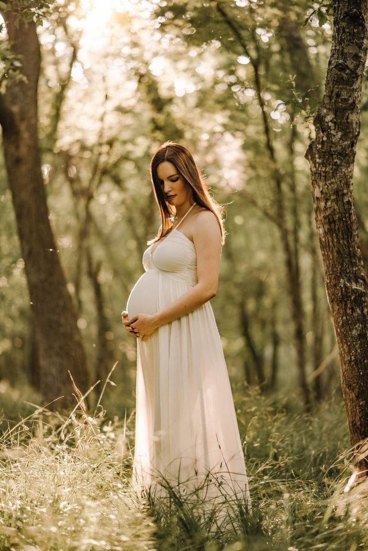 Hazel Maternity Photoshoot Dress | Vintage Cream Rayon Gown, Halter, Smocked back, One Size - Chicaboo