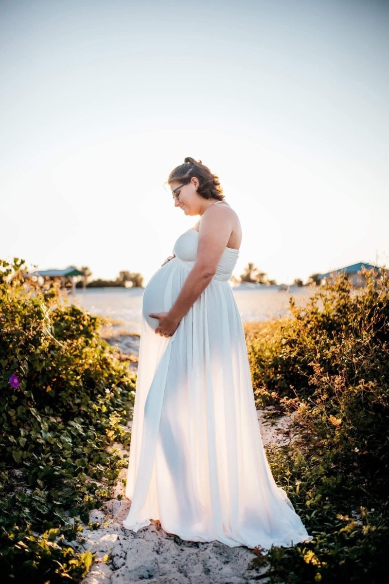 Hazel Maternity Photoshoot Dress | Vintage Cream Rayon Gown, Halter, Smocked back, One Size - Chicaboo