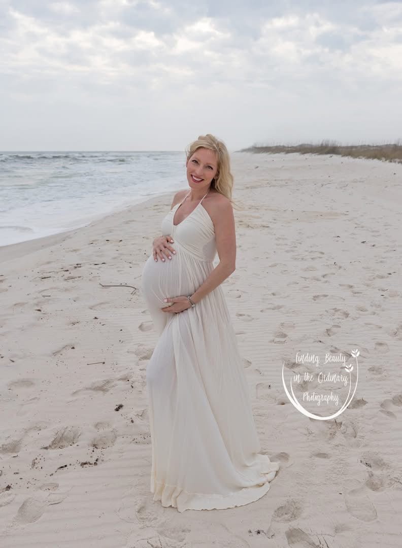 Hazel Maternity Photoshoot Dress | Vintage Cream Rayon Gown, Halter, Smocked back, One Size - Chicaboo