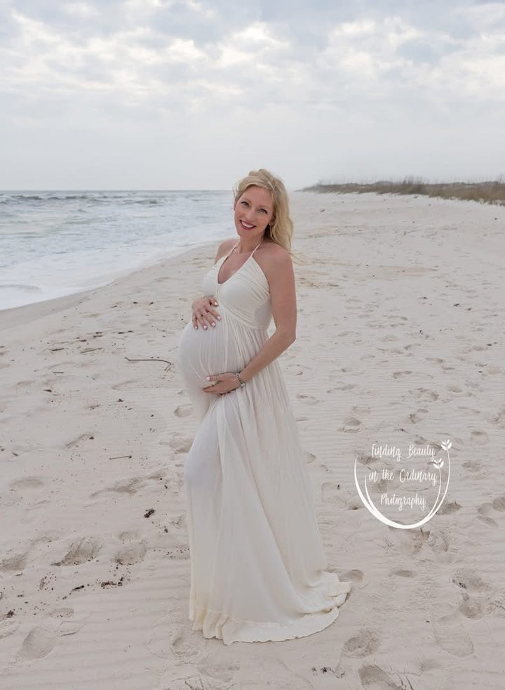 Hazel Maternity Photoshoot Dress | Vintage Cream Rayon Gown, Halter, Smocked back, One Size - Chicaboo