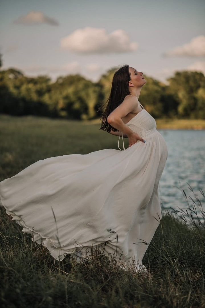 Hazel Maternity Photoshoot Dress | Vintage Cream Rayon Gown, Halter, Smocked back, One Size - Chicaboo