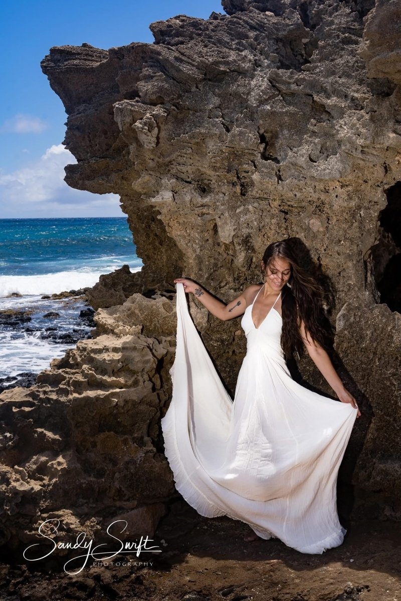 Hazel Maternity Photoshoot Dress | Vintage Cream Rayon Gown, Halter, Smocked back, One Size - Chicaboo